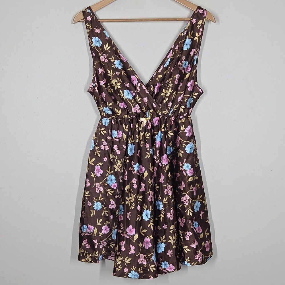 Vtg 90s Y2K Brown Pink Floral Butterfly Satin Babydoll M Fairy Coquette Romantic